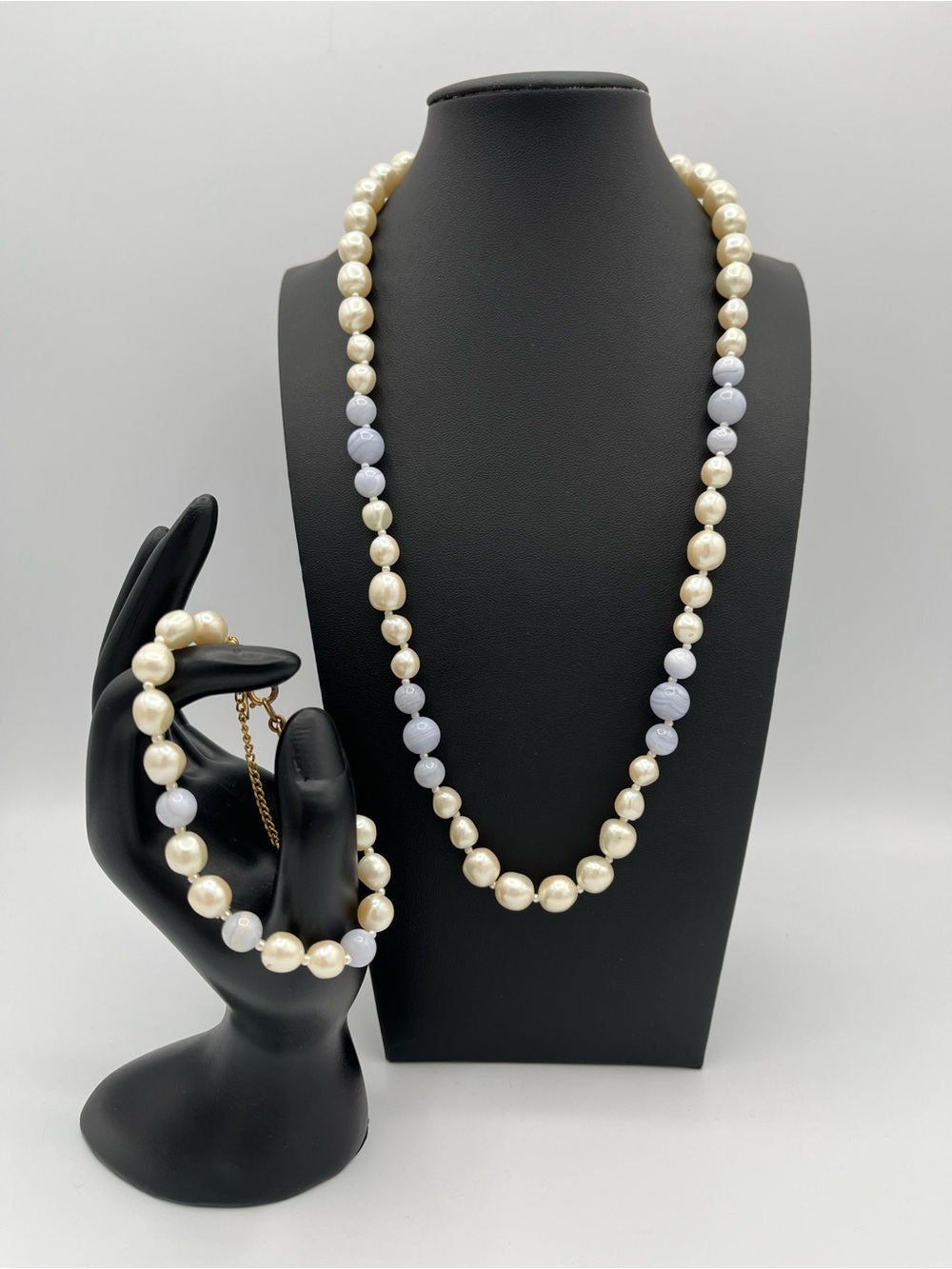 Signed Miriam Haskell 1960s Pearl & Blue Glass Necklace and Bracelet Vintage Set